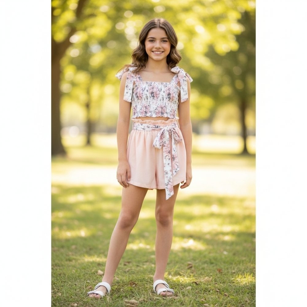 NEW Girl's Floral Print Shirred Ruffle Hem Cami Top with Belted Shorts
